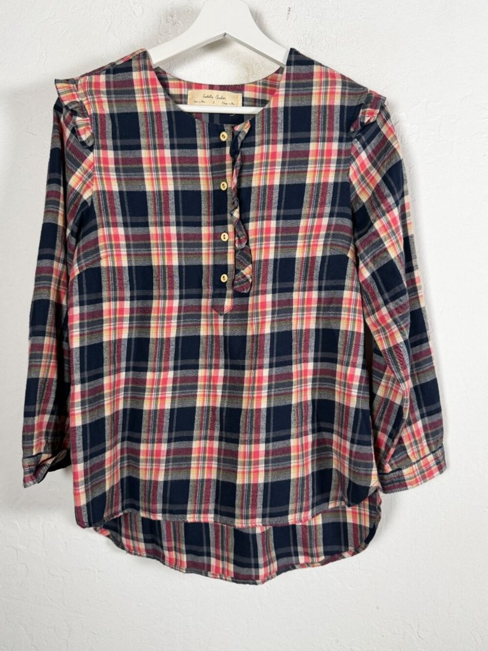 Isabella Sinclair Plaid Shirt Womens Small Flannel Henley Ruffle Long Sleeve Top
